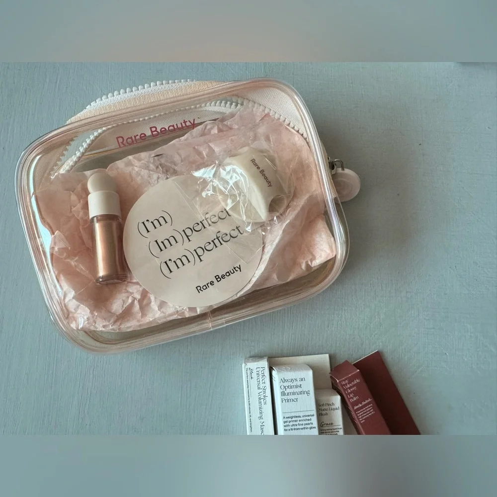 NEW RARE Beauty by Selena Gomez Clear Makeup Bag and Mini Deluxe Lip Samples